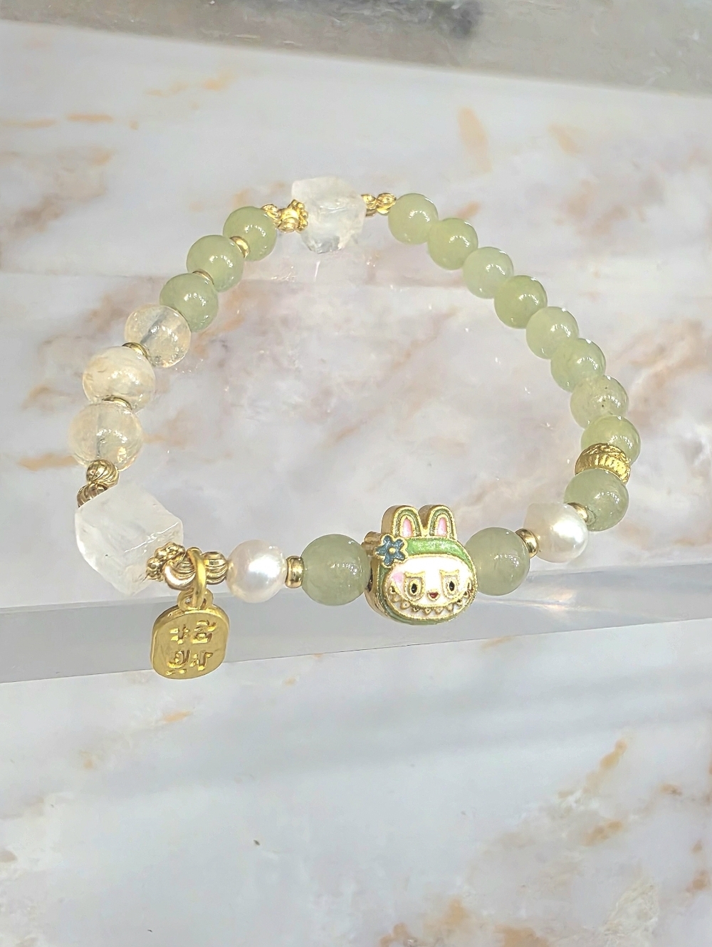 Labubu Inspired Mint Jade & Prosperity Charm Bracelet Sage Luxe